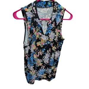 Womens Black Floral Sleeveless Pleated V-Neck Blouse Blue Pink Flower Print Top